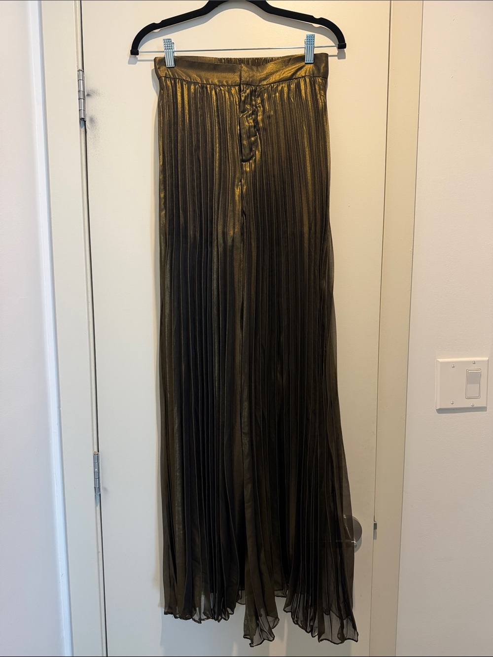 AKIRA Metallic Olive Pleated Flare Pants